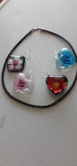 4 Miarno Glass Pendants W/black Leather Necklace 
