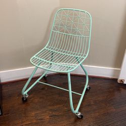 Modernist Teal Wire Cantilever Metal Chair on Casters