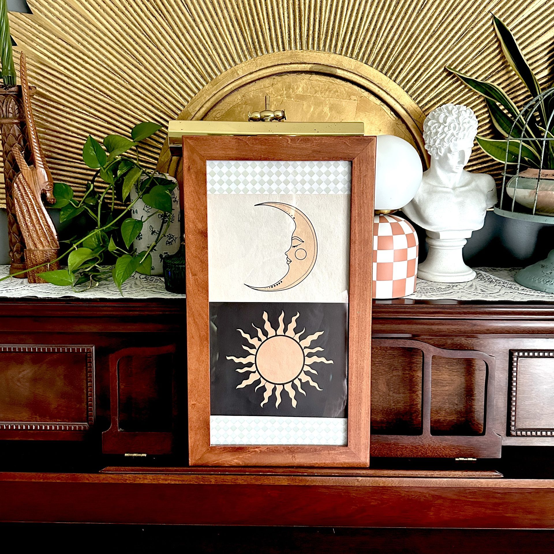 Sun Moon Celestial Art Canvas Print Checker Background Wood Framed Wall Art Boho 12.5x23”