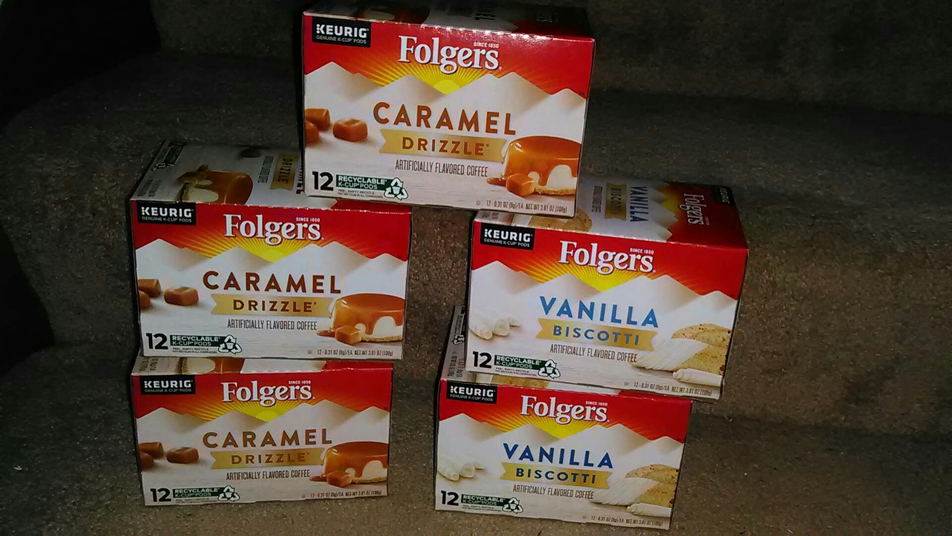 Boxes of Folger's Coffee K-Cups! Vanilla Biscotti or Carmel Drizzle!