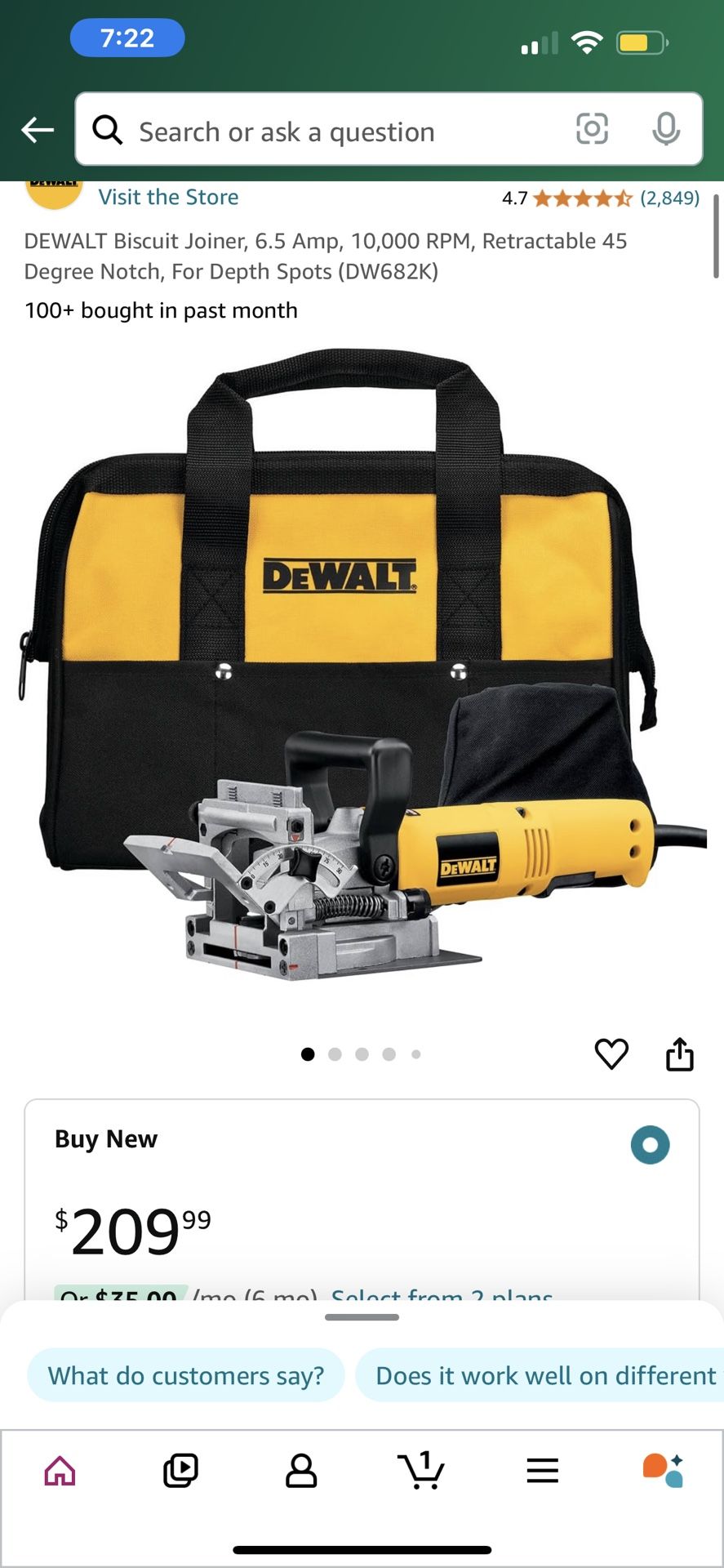 DEWALT Biscuit Joiner, 6.5 Amp, 10,000 RPM, Retractable 45 Degree Notch, For Depth Spots (DW682K)