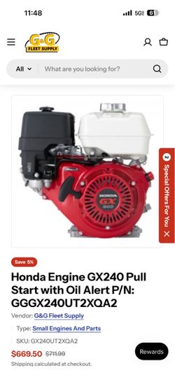 Honda Engine GX240 Pull Start with Oil Alert P/N: GGGX240UT2XQA2 new $550 firm