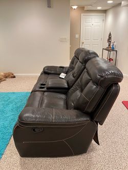 Dark Brown Leather Reclining Sofa with Console