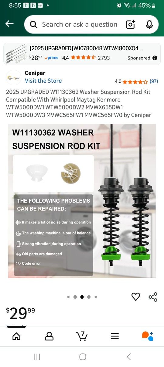 Washer Suspension Rod Kit fit for Whirlpool Maytag Kenmore Crosle