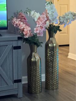 Set of 2 Brass Vases with Flowers, 26 inch and 20 inch