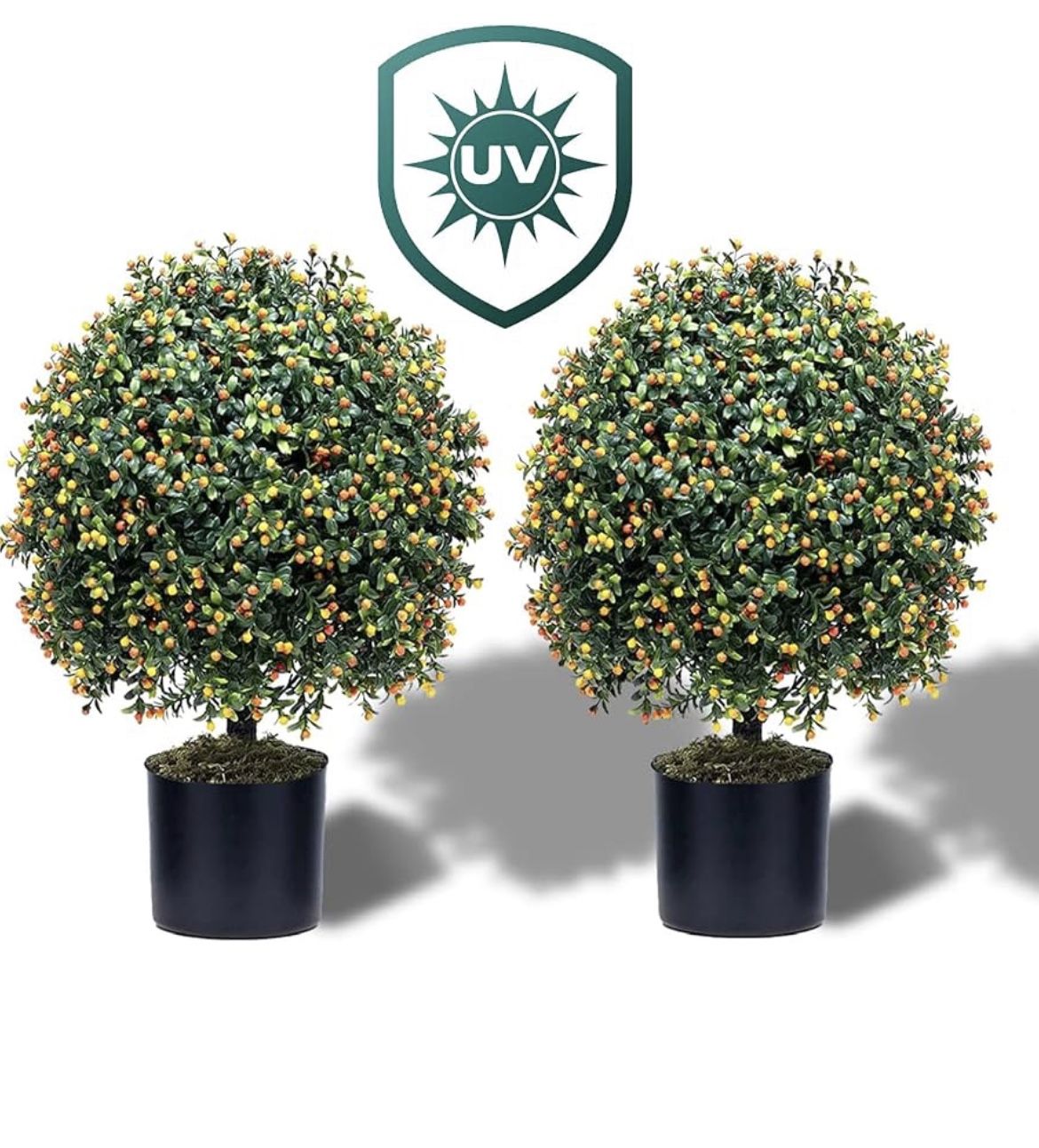 Set of 2-Pre-Potted Artificial Boxwood, 24'' Anti-UV Engineering Grade Material, Decorative Topiary Ball for Indoor Outdoor (Green with Orange Fruits)