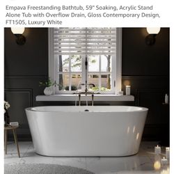 Empava Freestanding Bathtub, 59" Soaking, Acrylic Stand Alone Tub with Overflow Drain, Gloss Contemporary Design, FT
