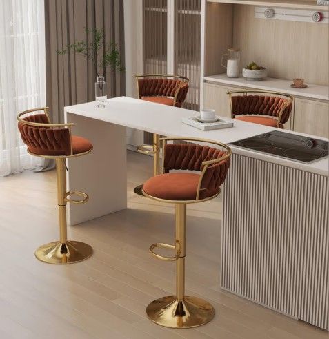 UIXE 360° Swivel Bar Stools Set of 4, Modern Adjustable Counter Height Velvet Bar Chair Gold Metal Stool, Comfortable Kitchen Island Dining Chairs wit