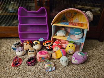 Squishmallow McDonalds And Squishville Plushs With House And Purple Display Case