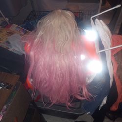Long Platinum Blond,With Pink Ends, Curly 
