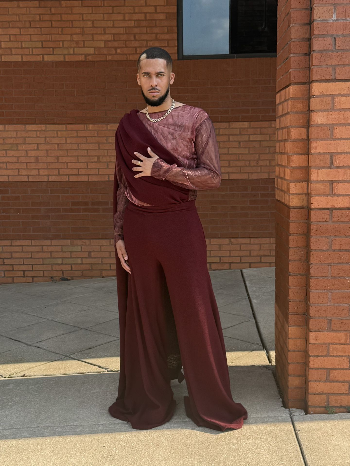 Title: Burgundy Avant-Garde Two-Piece Set – Flowy Pants & Draped Top