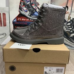 New Ugg Kids Girls Robley Silver/Charcoal Glitter Combat Boots  - US size 6/7.5W