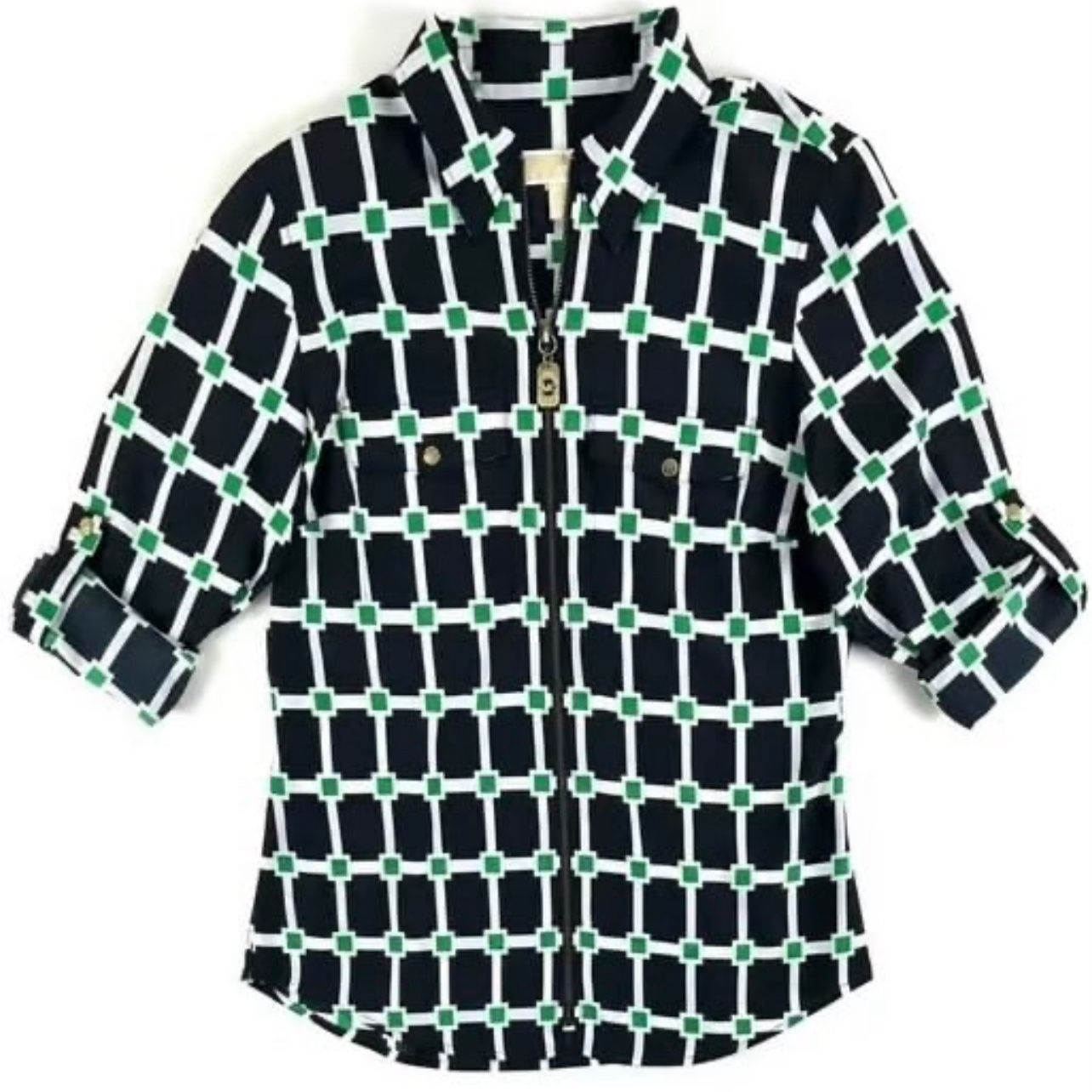 Michael Kors Foulard Green Geometric Sports Print Zip-Up Roll Up shirt blouse M