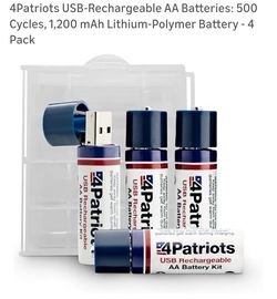 4Patriots USB-Rechargeable AA Batteries: 500 Cycles, 1,200 mAh Lithium-Polymer Battery - 4 Pack