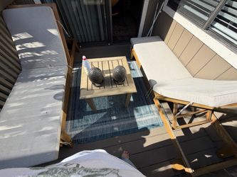 2 Outdoor Wood Chaise Lounges + Cushions & Table