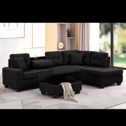 Modern Black Sectional Sofa With Ottoman 
