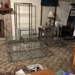 Late 20th Century Mid Century Modern Baughman Style Chrome and Four Glass Side Tables, Coffee Table, ,Sofa Table, and Book Shelf