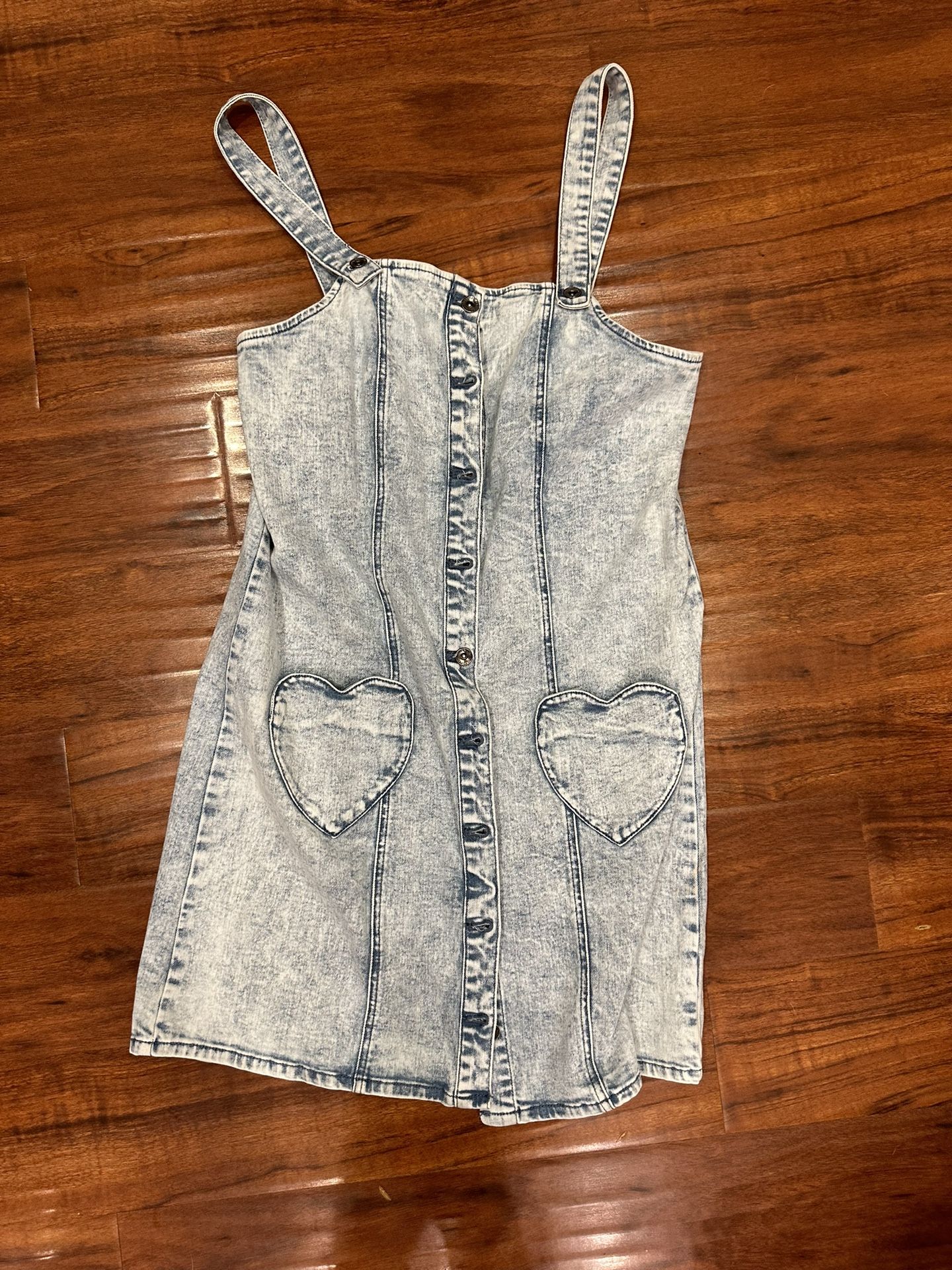 Black Heart/ Heart Pocket Acid Wash Denim Dress Medium