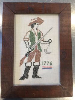 Vintage framed cross-stitch revolutionary soldier with beautiful rustic wood frame