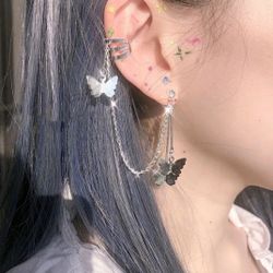 NEW Fashion Silver Butterfly Tassel Earrings Bone Clip Fairy Dangle