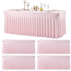 4 Pack 6ft Pink Spandex Table Cloths For Rectangle Tables Wrinkle Free Pink Rectangle Tablecloths Stretch Fitted Table Cover With Skirt For Baby Showe