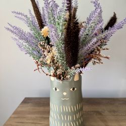 Gray/Blue Hand Painted Ceramic Cat Vase with Mixed Dried & Artificial Flowers