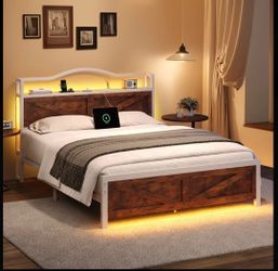 Queen size bed frame with LED Lights and charger station.Strong Metal Slats Support, Noise Free