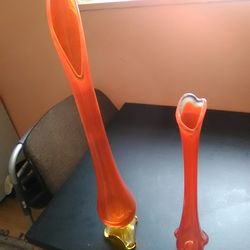 Mid Century Modern Stretch Orange Slag Art Glass Swung Vase Lot