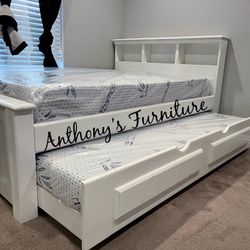 White Full Bed With Trundle And Memory Foam Mattress 