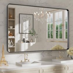 WEER 48X30 Inch Black Metal Framed Bathroom Mirror, Matte Black Bathroom Vanity Mirror, Rectangular Black Wall Mirror for Bathroom, Tempered Glass, Ro