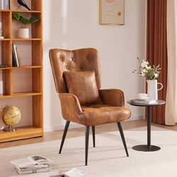 Modern Accent Chair, Wingback Chair with A Pillow and Arm, Vintage Comfy Upholstered Reading Chair for Living Room, Bedroom, Dining Room(Brown)