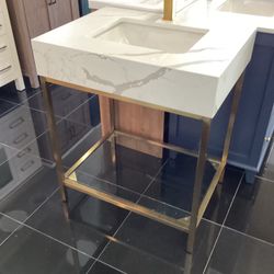 30” Bathroom Vanity With Quartz Top Sink Brass Gold Finish With Tempered Glass Shelf Ready For Pick Up Today