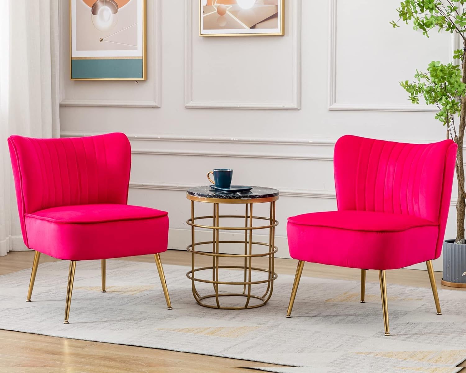 Velvet Accent Chair Set of 2 Comfy Living Room Chair Armless Slipper Chair Mid Century Side Single Sofa Chair with Golden Legs Wingback for Bedroom Gu