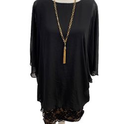Dress Barn Ladies Black Butterfly-Sleeve Dress With Lace Detail, Size L