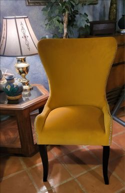 goldenrod/mustard velvet wingback accent chair with nailhead trim