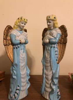 Vintage set of 2 tall angels holding babies