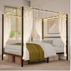 Queen Bed Canopy Bed Frame 14 Inch Black Queen Size Metal Canopy Platform Bed Frame with Headboard & Four Posters