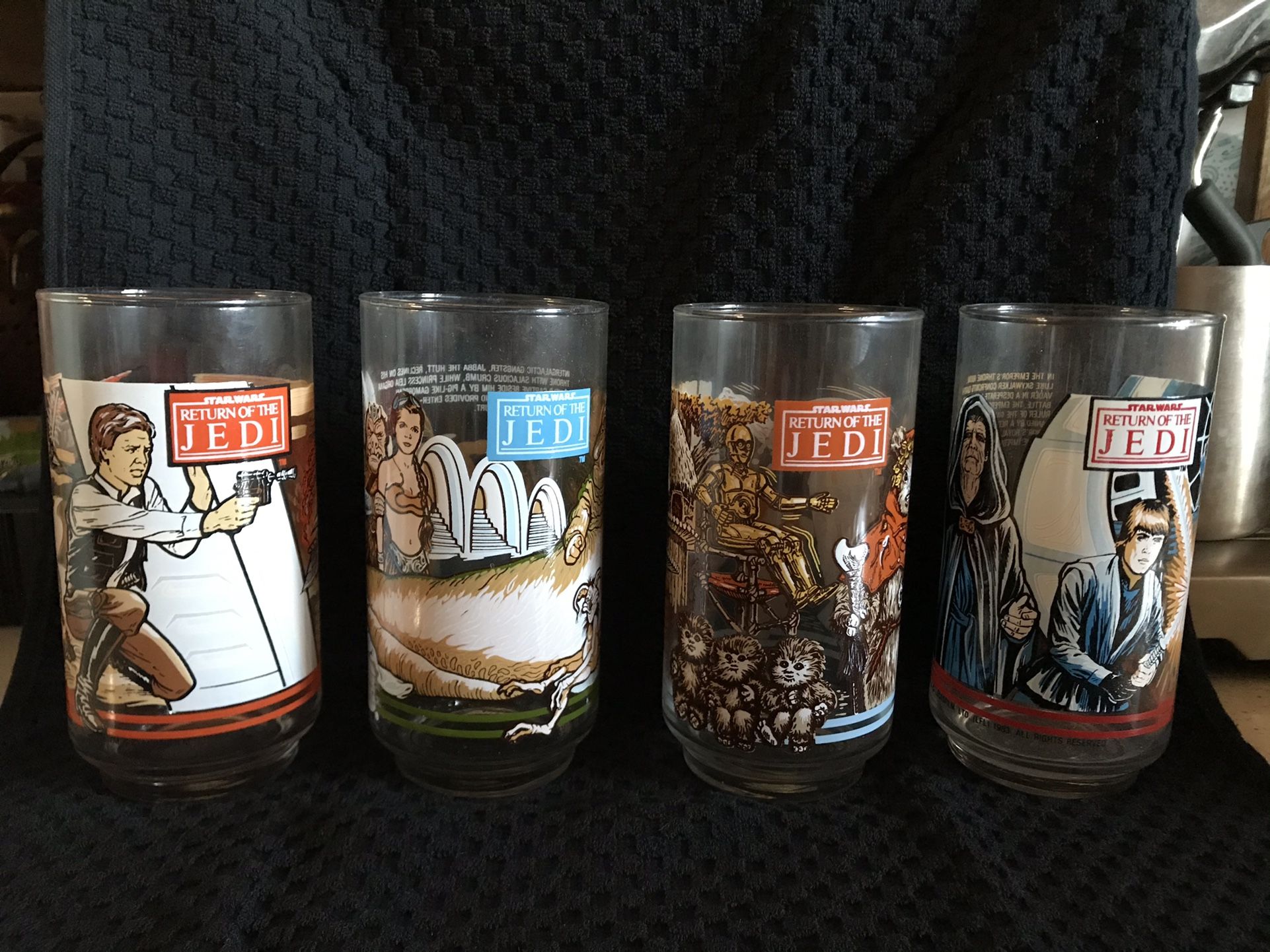 Vintage Star Wars McDonald’s Return Of The JEDI Glasses Complete Set Of 4 in Collectors Condition Never Used