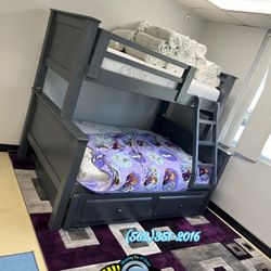 Twin Full Grey Bunk Bed With Mattresses Trundle Cama Bonita 