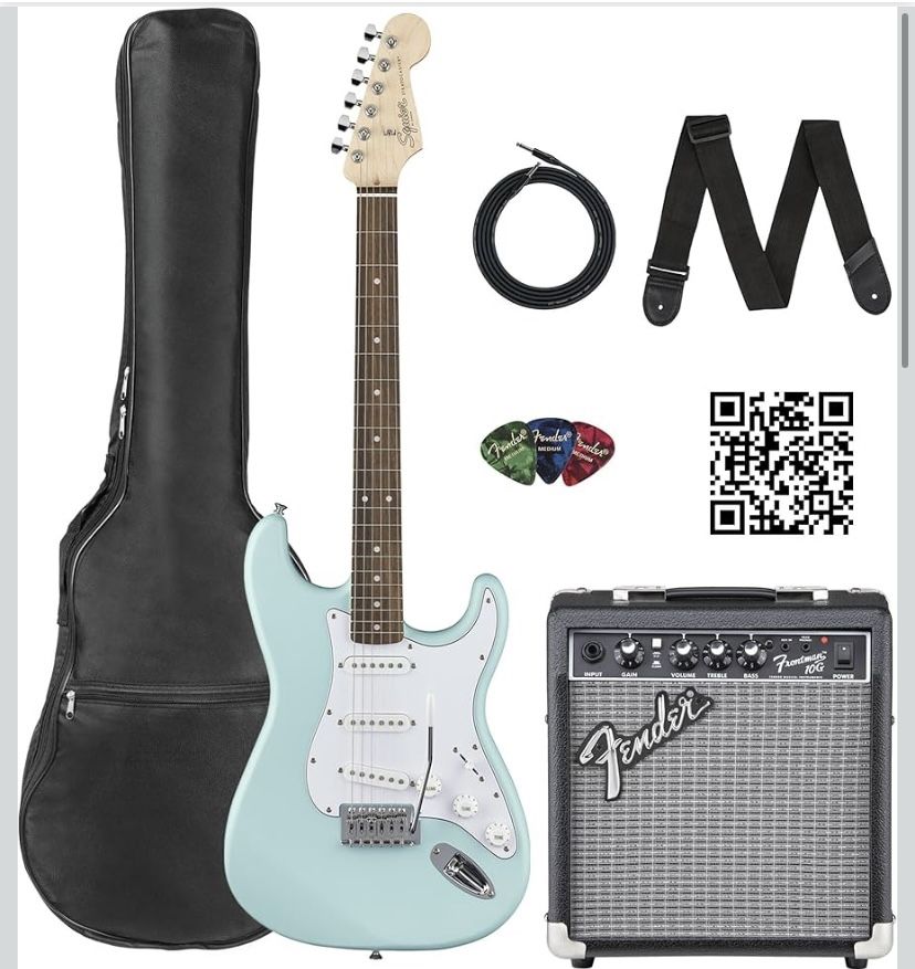 Fender Squier Stratocaster Electric Guitar - Daphne Blue Bundle with Fender Frontman 10G Amplifier, Gig Bag, Cable, Strap, Picks