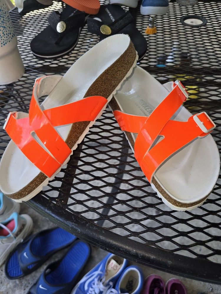 Birkenstock Women's Slides Electric Orange Color Double Buckle Size 7 1/2
