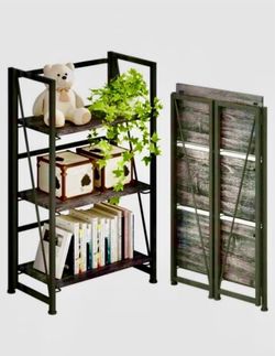 4NM No-Assembly Folding Bookshelf Storage Shelves 3 Tiers Vintage Bookcase Standing Racks Study Organizer (Gray and Black) Reg. List $150.00