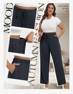NEW! Women's Wide Leg Drawstring Lounge Pants with Pockets, BLACK, Size XXL (Poly/Cotton)
