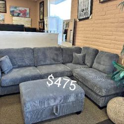 Beautiful 3-Pc Corduroy Sectional Sofa With Storage Ottoman  + USB Port 