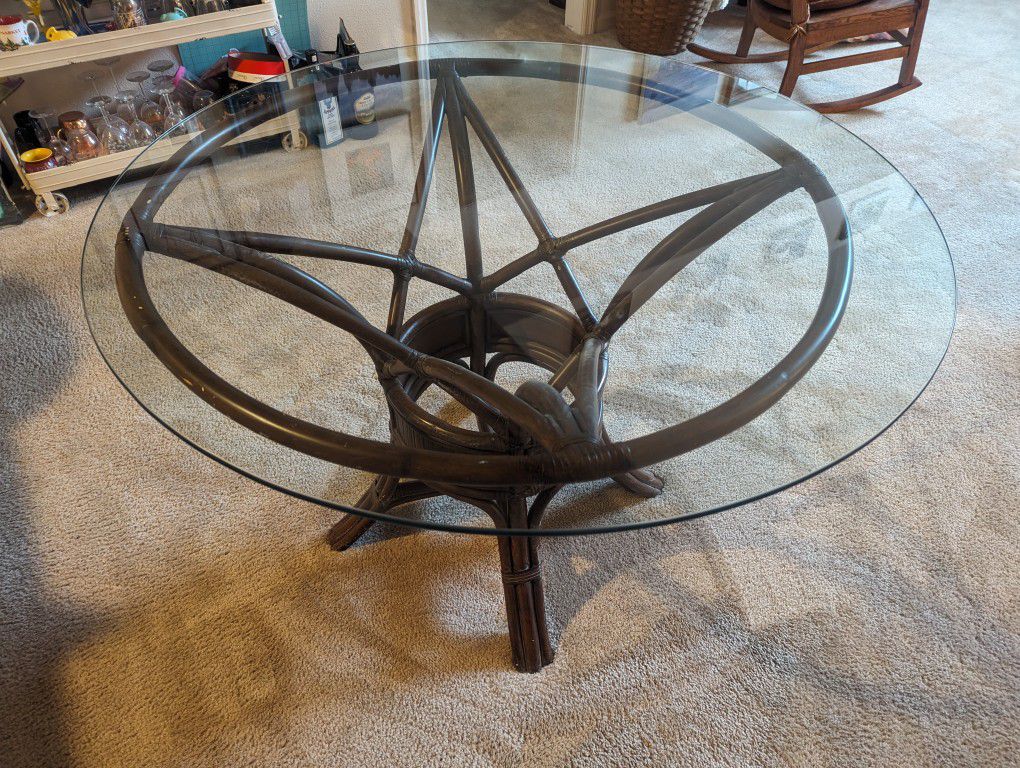 42 Inch Glass Top Table With 4 Wood/Rattan Chairs