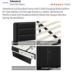 Yaheetech Full Size Bed Frame with 2 USB Charging Stations/Port for Type A&Type C/3 Storage Drawers, Leather Upholstered Platform Bed with Headboard/S