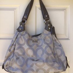 COACH Op Art Maggie Grey Hobo Shoulder Bag Jacquard and Leather Trim 