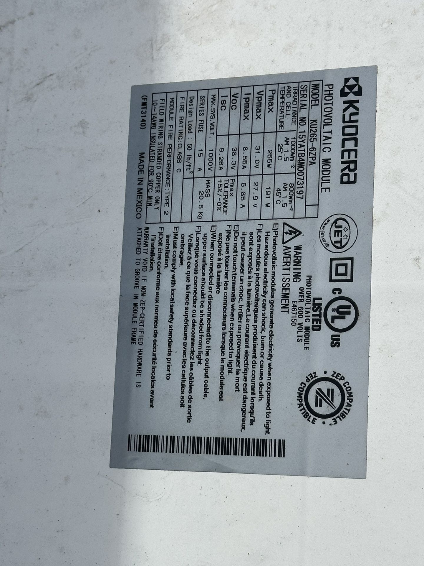 Kyocera Solar Panels (265 watt)18 panels