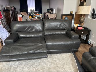 2 piece, gray leather couch, and loveseat