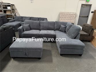 NEW Dark Grey Fabric Sectional Sofa and Chaise Set FREE STORAGE OTTOMAN Ashley Style Big Couch SALE Clearance Gray Green Black Beige Many Color